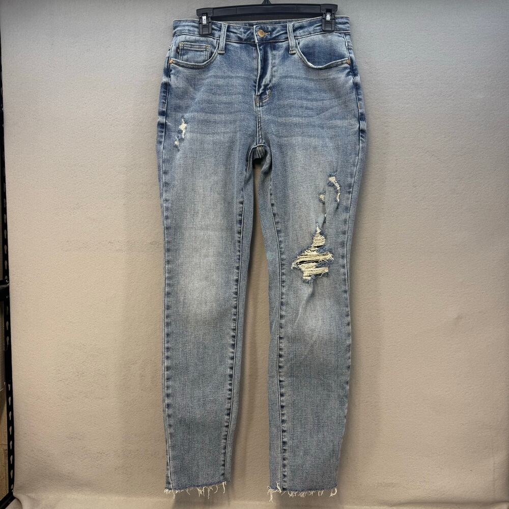 Judy Blue Jeans Women's 5/27 Blue Boyfriend Fit Factory Distressed Raw Hem